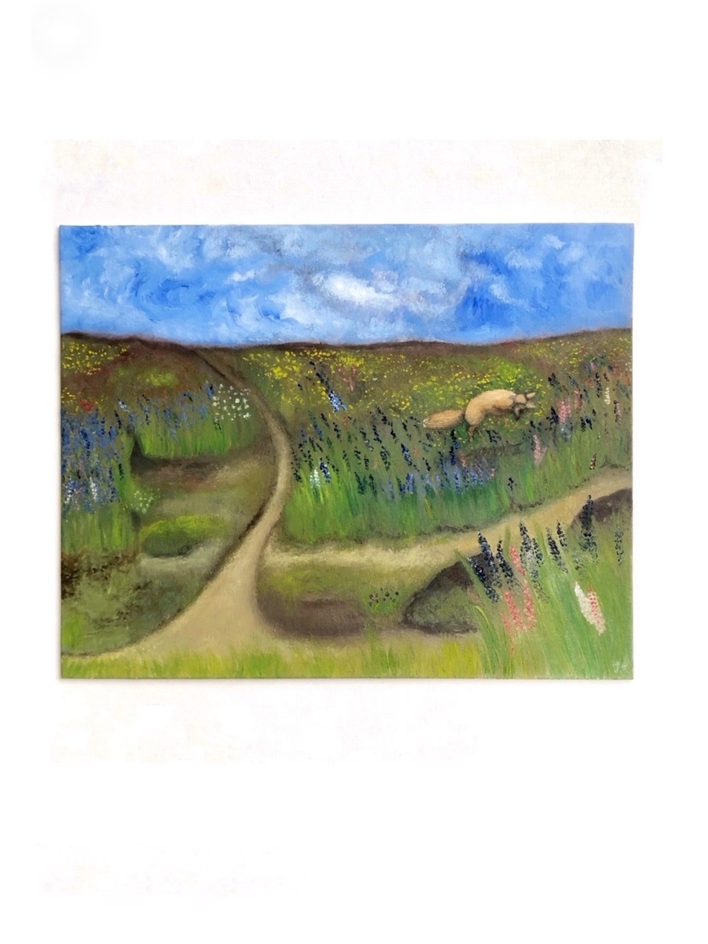 Pouncing Amongst The Lupins Signed Oil Painting Canvas Original Art